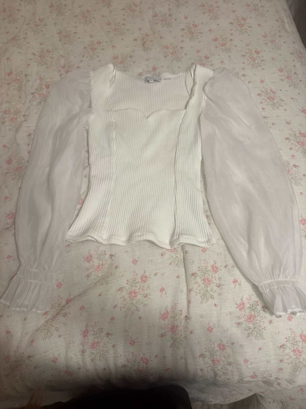 Endless Rose White Ribbed Puff-Sleeve Square Neck Top